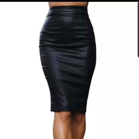 HIGH WAIST FAUX LEATHER PENCIL MIDI SKIRT - Picture 2 of 3